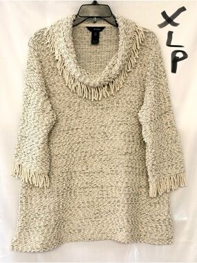 Ali Miles Cream Fringe Cowl Tunic Sweater
